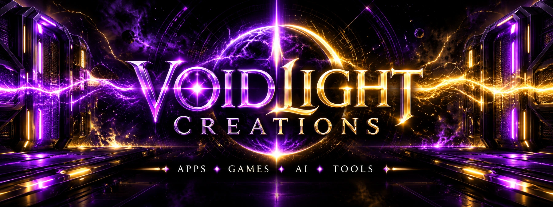 VoidLight Creations: purple and gold cosmic technology banner. Apps, games, AI, tools.